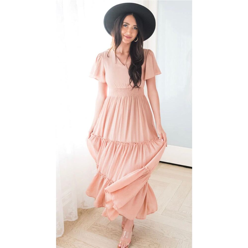 Mikarose Apricot Flutter Sleeve Boho Whimsical Tiered V-Neck Maxi Dress Sz L NWT - Picture 9 of 12